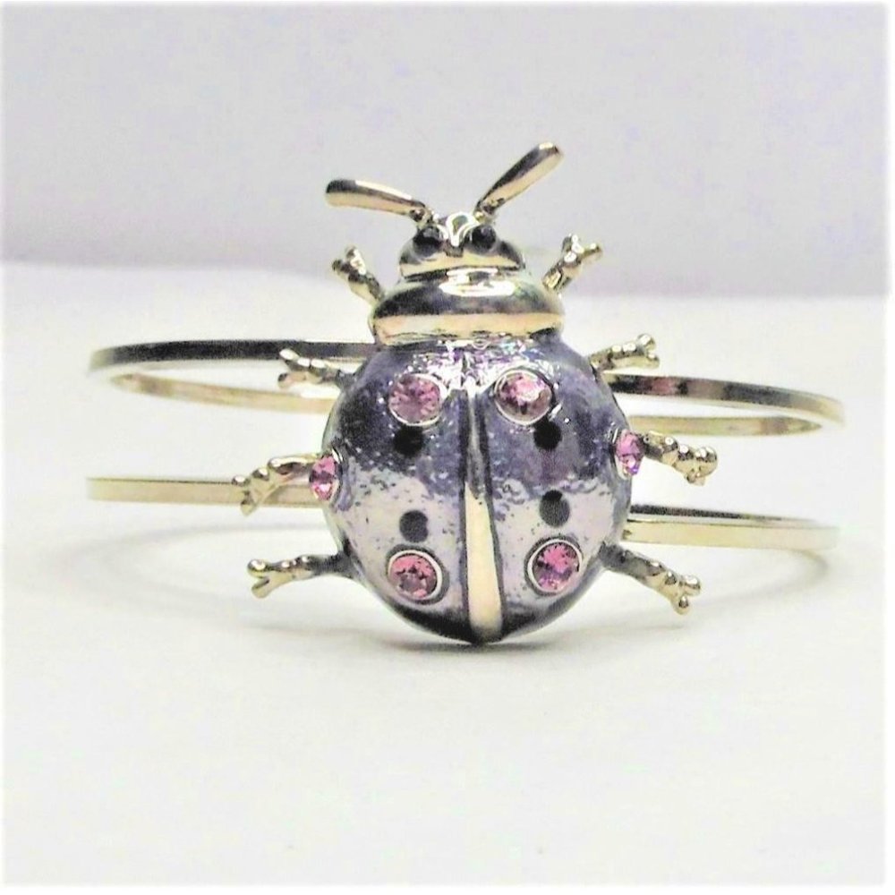 Lady Bug Bracelet 7" Pink Silver Cuff Rhinestones Bug Insect
